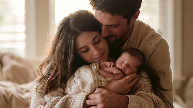 Tender moment between newborn baby and parents, symbolizing unconditional love, family connection, protection, and precious memories.