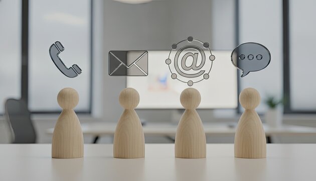 Wooden figures stand in a row with floating transparent contact icons including telephone envelope at and message bubble above their heads.