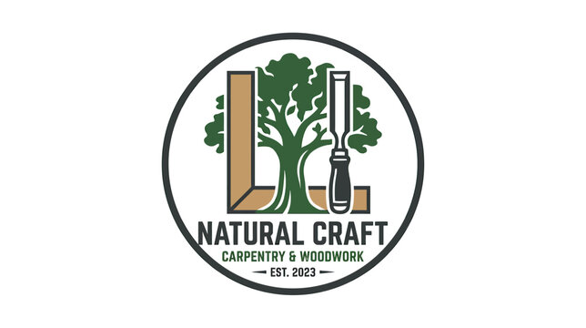 Carpentry and Woodwork Logo with Tree and Chisel