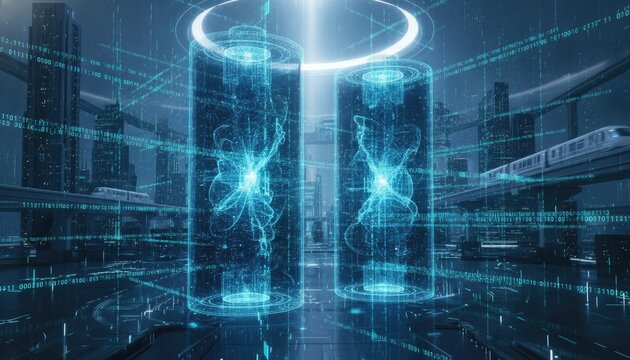 Two glowing blue holographic batteries with energy swirls stand in the center of a futuristic digital city with data streams flowing around them.