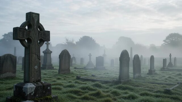 Old stone celtic cross tombstone foggy cemetery landscape overcast sky evoke somber peaceful eerie sorrowful melancholic mood ancient graves surrounded thick misty morning atmosphere graveyard