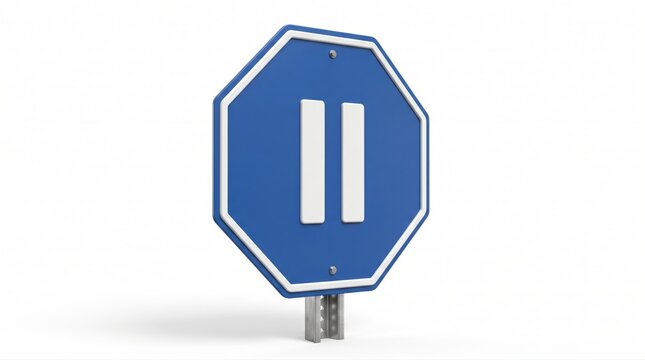 Blue octagonal road sign with a white pause symbol isolated on a metal post
