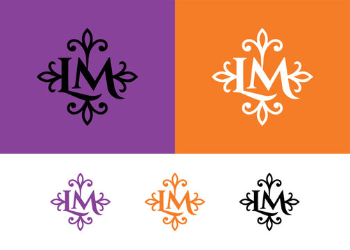 Monogram lm ornate floral logo on purple and orange.
