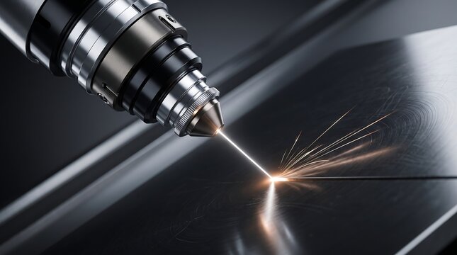 Macro shot of laser nozzle cutting into brushed metal surface creating bright sparks emphasizing precision and industrial power
