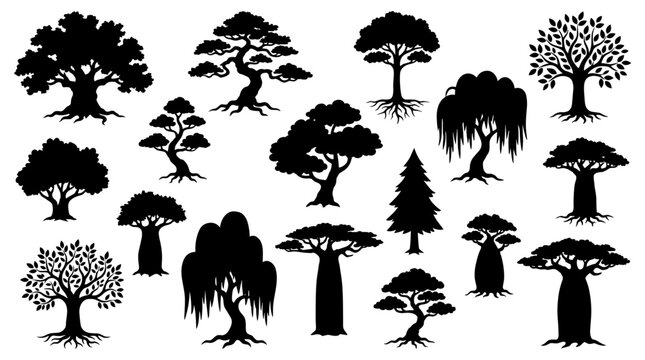 Collection of diverse tree silhouettes with visible roots