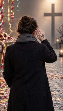 Woman in black coat with ash cross on hand looking at large cross for aschermittwoch ash wednesday lent devotion concept