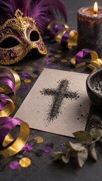Ash cross drawn on paper with purple gold carnival mask and candle light for aschermittwoch ash wednesday lent season background