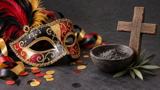 Carnival mask with ashes bowl wooden cross and olive branch on dark stone background for aschermittwoch and ash wednesday concept