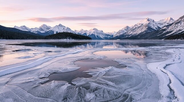 Serene winter landscape with a partially frozen lake reflecting snow-capped mountains at sunrise, soft pastel sky.