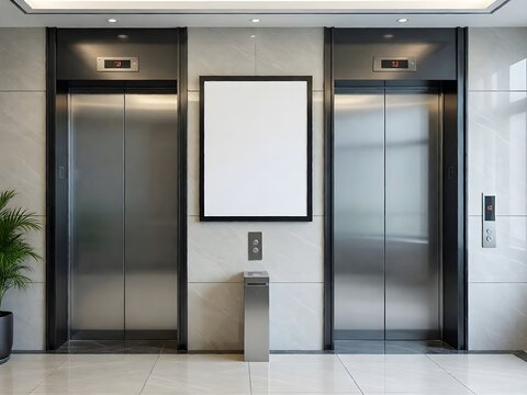 Modern office building lobby interior featuring two steel elevator doors with blank white billboard advertising poster mockup hanging on marble wall.