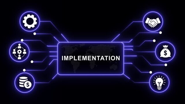 Digital implementation concept featuring glowing neon circuitry infographic with business global strategy network, financial growth, team collaboration, and innovation symbols on dark background