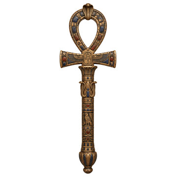 Ornate gold ankh scepter with cobras and gemstone inlays