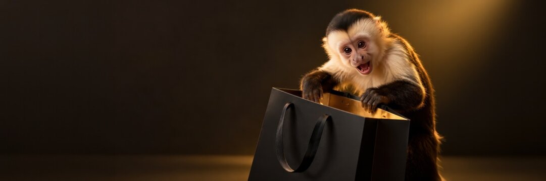 Curious capuchin monkey holding black shopping bag, Black Friday sale with copy space