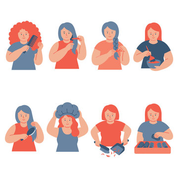 Eight stylists combing curly hair, braiding, brushing hair, mixing colour, brushing a swatch, closing a section, sweeping cut hair and holding a curler tray, flat vector set