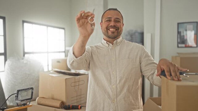 Man holding keyring in right hand and pointing finger at it amid stacked moving boxes, bubblewrap and a hand truck in a sunlit building, smiling broadly; joy new beginning.