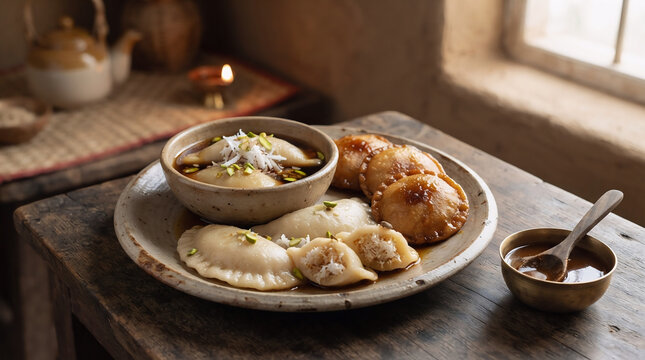 Homestyle bengali pitha dumplings served with soup and caramel dip on