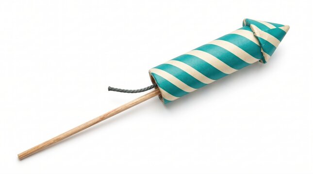 A single green and white striped firework rocket with a wooden stick and fuse