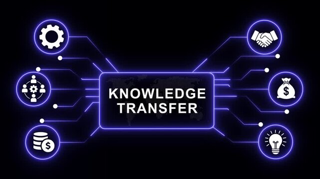 Dynamic knowledge transfer infographic animation featuring glowing digital circuitry, global business financial growth symbols, and networking concepts for corporate presentations