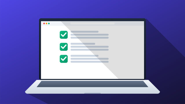 Laptop computer displaying green checkmarks on checklist for digital task management online survey and planning