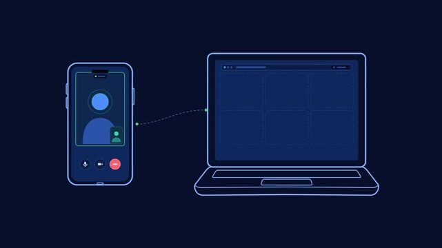 Smartphone and laptop screens activating during video call handoff transfer.