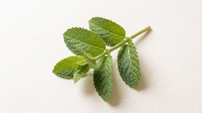 Photorealistic botanical photograph of a small fresh sprig of mint leaves, naturally varied green shades, fine veins and tiny water droplets, arranged diagonally on a warm white background