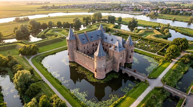 Muiderslot medieval stronghold castle restored heritage culture monument for touristic museum purpose. Aerial overhead view. Dutch The Netherlands, Holland, fortification landmark full of history.