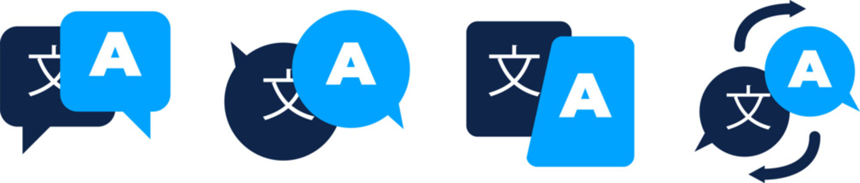 Language translation speech bubble icon set with alphabet for dictionary app and communication design