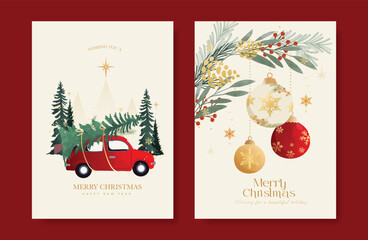 Fototapeta na wymiar Christmas and Happy holiday greeting card vector set with Red and Green ornamental. Elegant wallpaper with pine leaves, pinecone, christmas tree, wreath. Holidays design illustration for cover, print.