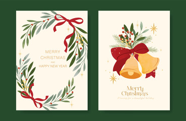 Plakat Christmas and Happy holiday greeting card vector set with Red and Green ornamental. Elegant wallpaper with pine leaves, pinecone, christmas tree, wreath. Holidays design illustration for cover, print.