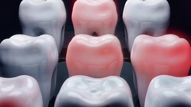 Row of 3 d rendered dental molars in white and red colors