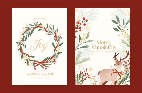 Christmas and Happy holiday greeting card vector set with Red and Green ornamental. Elegant wallpaper with pine leaves, pinecone, christmas tree, wreath. Holidays design illustration for cover, print.