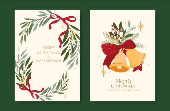 Christmas and Happy holiday greeting card vector set with Red and Green ornamental. Elegant wallpaper with pine leaves, pinecone, christmas tree, wreath. Holidays design illustration for cover, print.