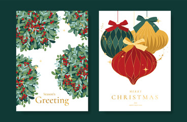 Plakat Christmas and Happy holiday greeting card vector set with Red and Green ornamental. Elegant wallpaper with pine leaves, pinecone, christmas tree, wreath. Holidays design illustration for cover, print.