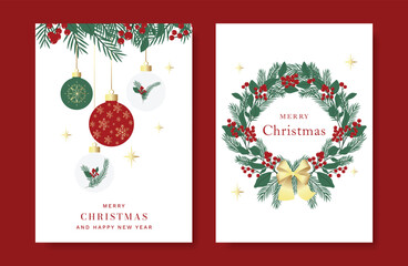 Fototapeta na wymiar Christmas and Happy holiday greeting card vector set with Red and Green ornamental. Elegant wallpaper with pine leaves, pinecone, christmas tree, wreath. Holidays design illustration for cover, print.