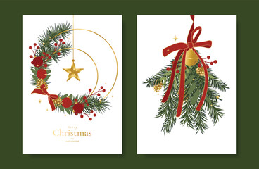 Fototapeta na wymiar Christmas and Happy holiday greeting card vector set with Red and Green ornamental. Elegant wallpaper with pine leaves, pinecone, christmas tree, wreath. Holidays design illustration for cover, print.