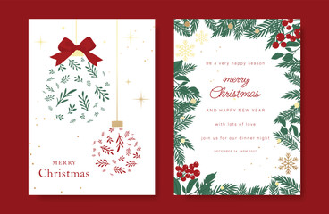 Plakat Christmas and Happy holiday greeting card vector set with Red and Green ornamental. Elegant wallpaper with pine leaves, pinecone, christmas tree, wreath. Holidays design illustration for cover, print.