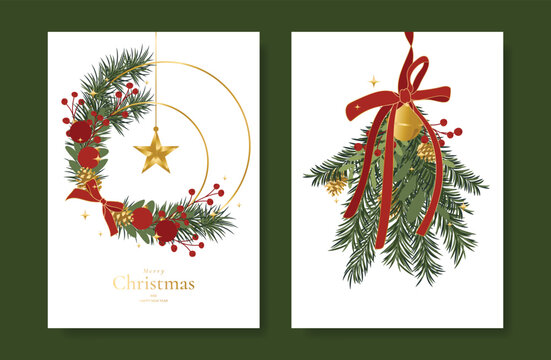 Christmas and Happy holiday greeting card vector set with Red and Green ornamental. Elegant wallpaper with pine leaves, pinecone, christmas tree, wreath. Holidays design illustration for cover, print.