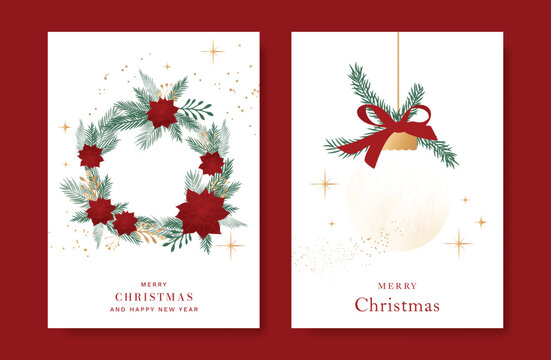 Christmas and Happy holiday greeting card vector set with Red and Green ornamental. Elegant wallpaper with pine leaves, pinecone, christmas tree, wreath. Holidays design illustration for cover, print.