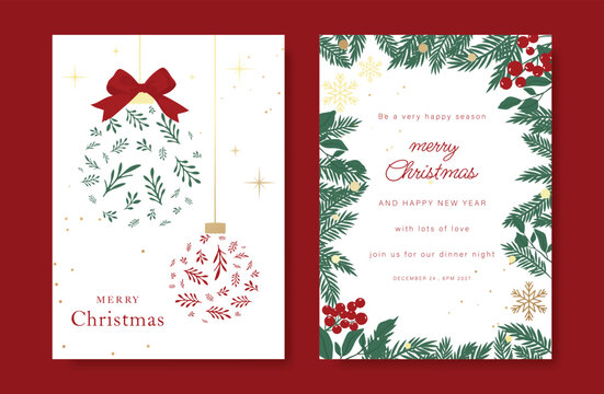 Christmas and Happy holiday greeting card vector set with Red and Green ornamental. Elegant wallpaper with pine leaves, pinecone, christmas tree, wreath. Holidays design illustration for cover, print.