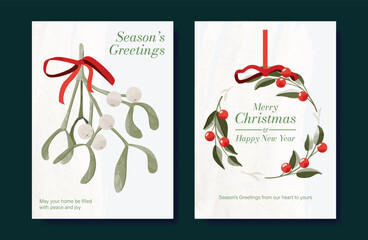 Obraz na płótnie Canvas Christmas and Happy holiday greeting card vector set with Red and Green ornamental. Elegant wallpaper with pine leaves, pinecone, christmas tree, wreath. Holidays design illustration for cover, print.