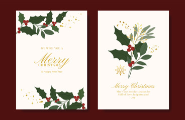 Plakat Christmas and Happy holiday greeting card vector set with Red and Green ornamental. Elegant wallpaper with pine leaves, pinecone, christmas tree, wreath. Holidays design illustration for cover, print.