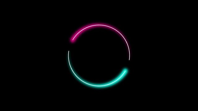 Pink and cyan circle picture frame with two tone neon color shade motion graphic on isolated black background. Pink and cyan light moving for overlay element. 4K footage video effect seamless loop