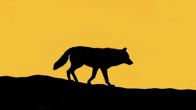 Lone wolf silhouette walking along dark ridge against bright yellow sky. Side view.