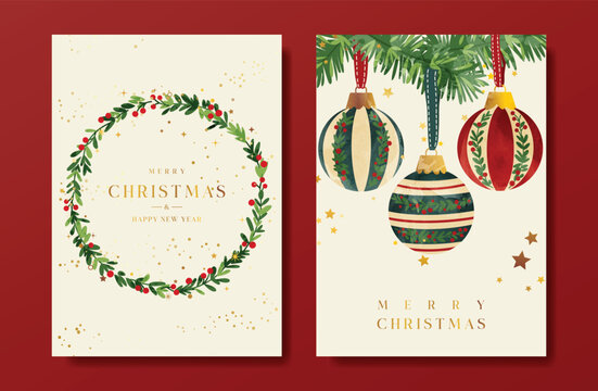 Christmas and Happy holiday greeting card vector set with Red and Green ornamental. Elegant wallpaper with pine leaves, pinecone, christmas tree, wreath. Holidays design illustration for cover, print.