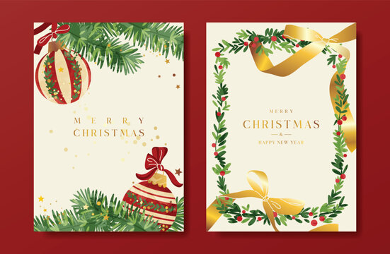 Christmas and Happy holiday greeting card vector set with Red and Green ornamental. Elegant wallpaper with pine leaves, pinecone, christmas tree, wreath. Holidays design illustration for cover, print.