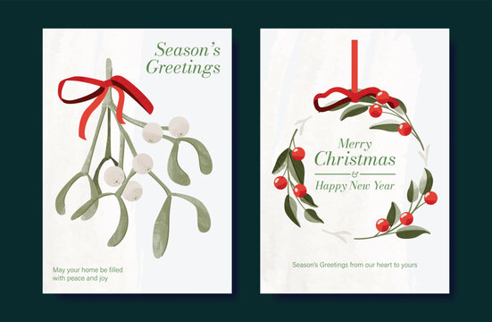 Christmas and Happy holiday greeting card vector set with Red and Green ornamental. Elegant wallpaper with pine leaves, pinecone, christmas tree, wreath. Holidays design illustration for cover, print.