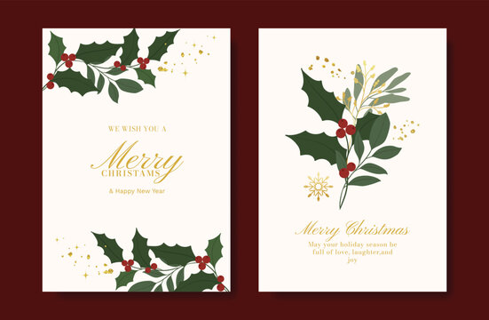 Christmas and Happy holiday greeting card vector set with Red and Green ornamental. Elegant wallpaper with pine leaves, pinecone, christmas tree, wreath. Holidays design illustration for cover, print.