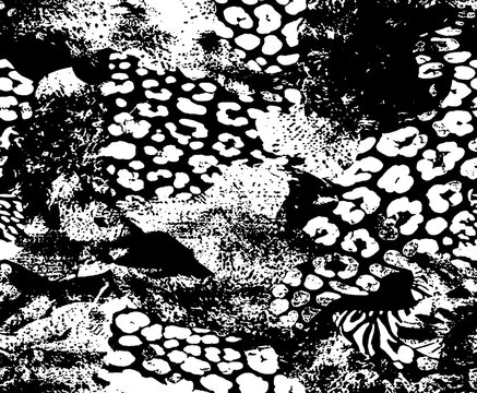 leopard with grunge seamless pattern, black and white safari texture textile, vector illustration 