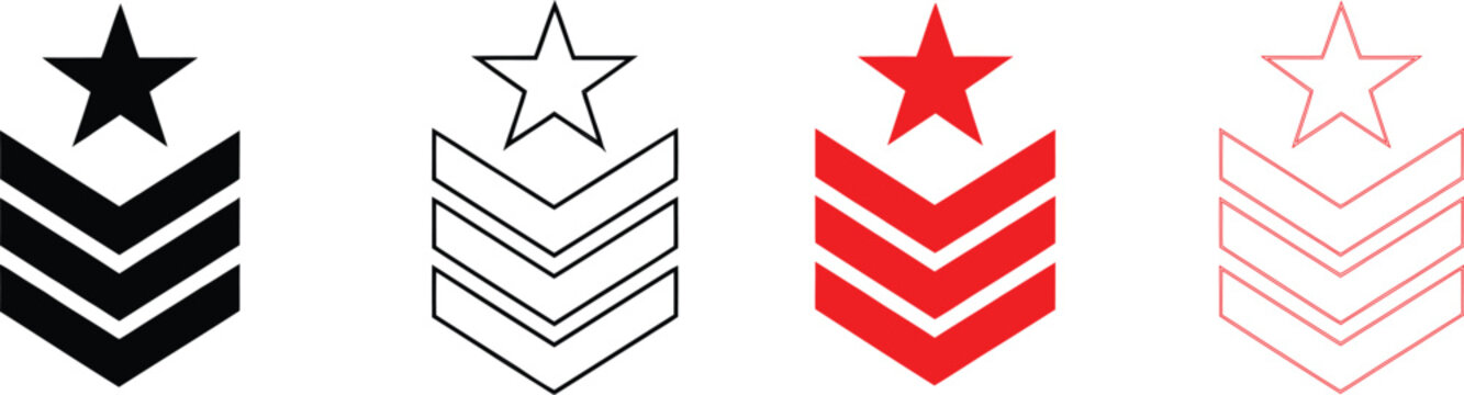 military rank badges featuring editable stroke chevron emblems in simple flat line style for army insignia, service ranks, and uniform patches, vector designs.