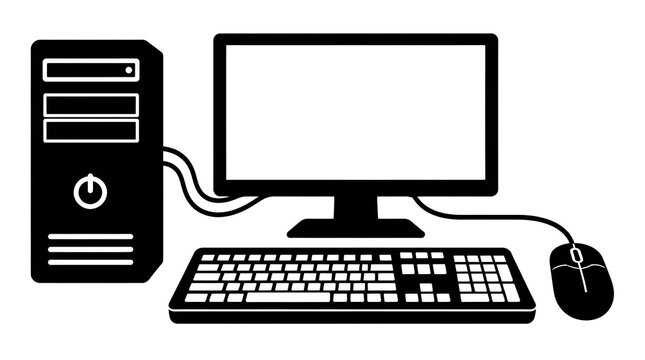 Black Desktop Computer PC Vector Icon Set with CPU Monitor Keyboard and Mouse